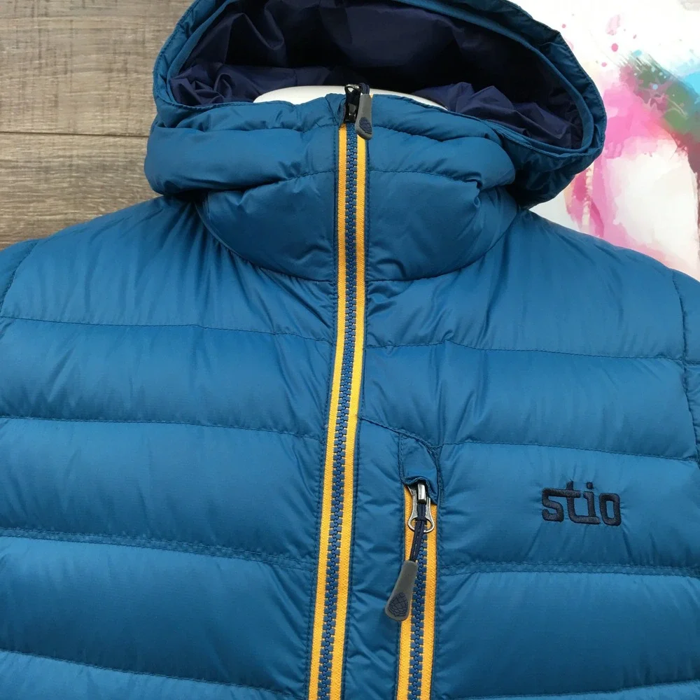 Stio Hometown Down Hooded Vest Mens Large Blue Goose Down Puffer Pertex Shell
